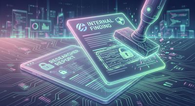 An illustration in soft cybersecurity colors showing two documents, one labeled 'RESEARCHER REPORT' and the other 'INTERNAL FINDING', with the internal finding document being stamped over the researcher's report.