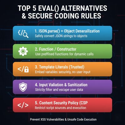 An infographic titled "Top 5 eval() alternatives and secure coding rules", providing guidance on safer JavaScript practices to prevent XSS vulnerabilities.