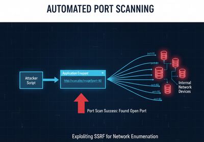 A technical illustration of port-scanning logic using an automated request sequence, showing arrows indicating sequential port enumeration via a modified URL parameter in a blue cyber-theme.
