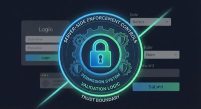 A conceptual cybersecurity illustration emphasizing trust boundaries, showing a locked permission system with highlighted server-side enforcement controls and faded UI elements in the background.