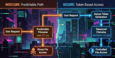 A split-screen illustration contrasting an insecure system with predictable file downloads against a secure system using token-based access control.