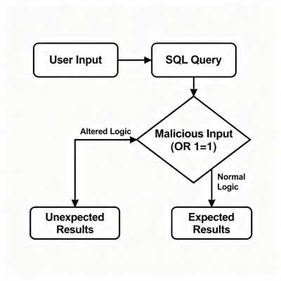 A simple flowchart diagram showing the flow of user input into a vulnerable SQL query, illustrating how malicious input like 'OR 1=1--' can alter the query's logic and lead to SQL injection.