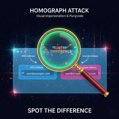 Illustration comparing an ASCII email address side-by-side with a visually similar Unicode (Punycode) email address, with a magnifying glass highlighting the subtle differences in their domain parts.