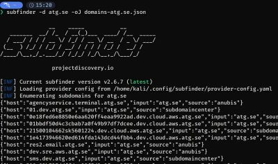 A cybersecurity researcher's terminal window displaying subfinder enumeration results in a neon blue hacker aesthetic.