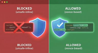Diagram visualizing browser enforcement comparing blocked inline scripts versus allowed nonce-based scripts.