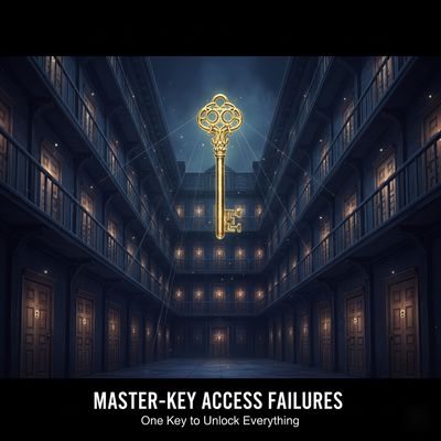 A stylized illustration of a hotel with many doors and a single golden master key floating above it, serving as a metaphor for master-key style access control failures, cinematic and wide.