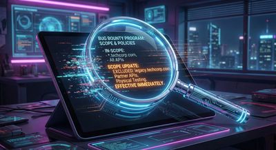 A visual metaphor showing a magnifying glass hovering over bug bounty scope text that is visibly shifting and changing underneath it, symbolizing silent policy changes.