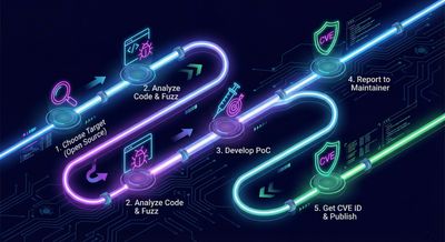 Cyberpunk-themed visual roadmap infographic showing a glowing path with five stages from choosing a target to getting a CVE ID, marked with neon icons and arrows on a circuit board background.
