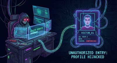 Digital art depicting an attacker gaining access to a user profile that visually appears to belong to a victim.