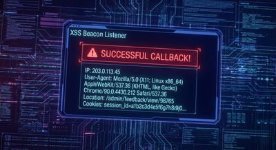 Screenshot of an attacker's XSS beacon dashboard displaying a successful callback alert, including IP address, user agent, and DOM information from the compromised admin panel.