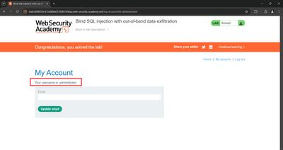 Successful admin login and lab solved banner.