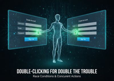 Illustration depicting two identical sign-up forms displayed side-by-side, with a user conceptually clicking or submitting both forms at precisely the same moment, indicating a race condition scenario.