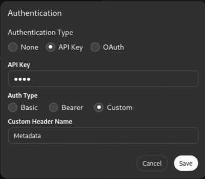 Screenshot demonstrating the workaround of injecting the required metadata header via the API Key authentication field.