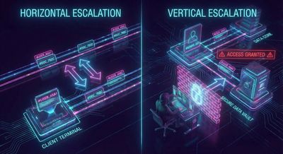 A split-screen diagram comparing IDOR types: one side shows horizontal escalation between two standard users, and the other shows vertical escalation from a standard user to an administrator.