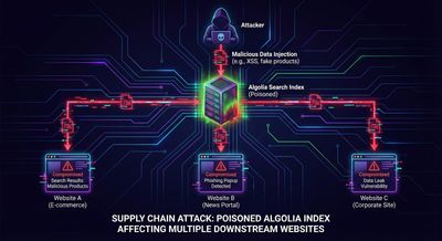 Visualization of a poisoned Algolia index affecting multiple downstream websites, supply chain diagram.