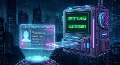 A diagram in a cyberpunk aesthetic showing forged, glowing identity metadata headers being blindly accepted by a robotic backend service interface without verification.