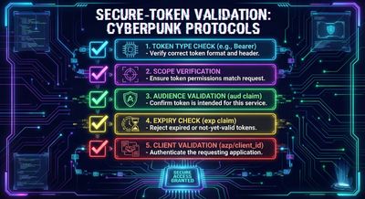 A minimal infographic checklist listing essential secure-token validation steps such as checking token type, scope, audience, expiry, and client validation.