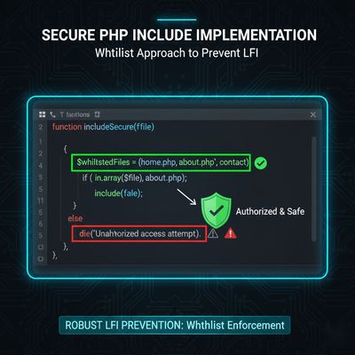A code editor visualization demonstrating secure PHP include implementation using a whitelist approach to prevent Local File Inclusion vulnerabilities.