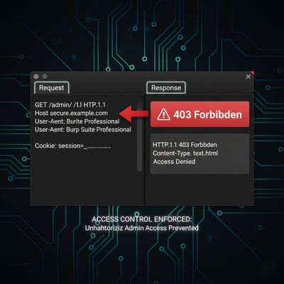 A screenshot-style mockup showing Burp Suite intercepting an HTTP request to the /admin/ endpoint, which is met with a "403 Forbidden" response.