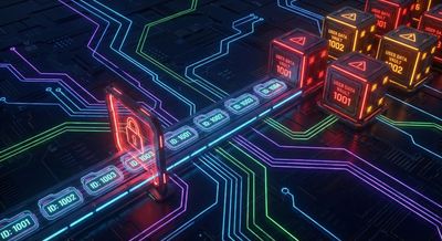A cyberpunk-themed conceptual diagram illustrating sequential ID enumeration. Glowing numerical data packets (e.g., ID: 1001, 1002, 1003) travel along neon network pathways, bypassing a security gate to access restricted user data vaults.