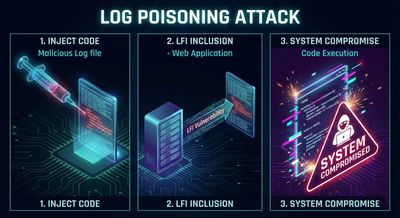 A three-step cyberpunk illustration showing: 1) Injecting malicious PHP code into a glowing server log file. 2) The server including the poisoned log via LFI. 3) A visual representation of code execution and system compromise with neon glitch effects.