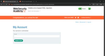 Successful administrator login using the leaked credentials, followed by the lab solved banner.