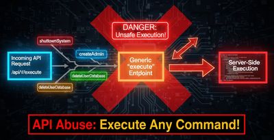 An illustration of a generic API 'execute' endpoint receiving various function names (e.g., shutdownSystem, createAdmin) and executing them on the server, with a prominent red warning overlay to signify the danger.