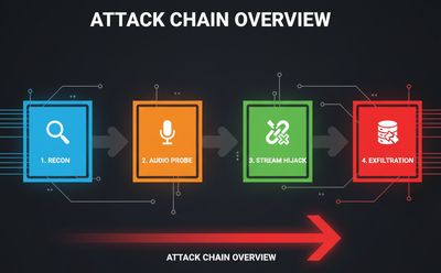 A clean vector-style flow diagram illustrating the attack chain: Recon → Audio probe → Stream hijack → Exfiltration, with the caption 'Attack chain overview', 1000x380.