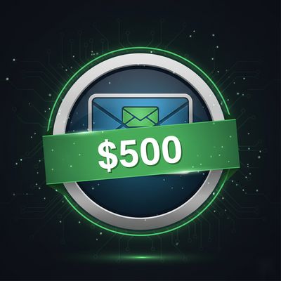 A badge-style hero image featuring a "$500" ribbon overlaying a stylized inbox icon, accented with green, symbolizing the bounty award for the XSS discovery.