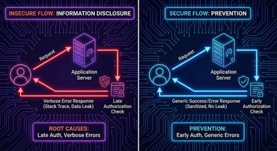 Diagram comparing insecure versus secure flows to illustrate the root causes of the information disclosure, highlighting verbose errors and late authorization checks in a clean, educational vector style.