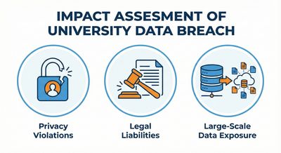 A conceptual illustration using icons to represent the severe impact of a university data breach, highlighting privacy violations, legal liabilities, and large-scale student data exposure.