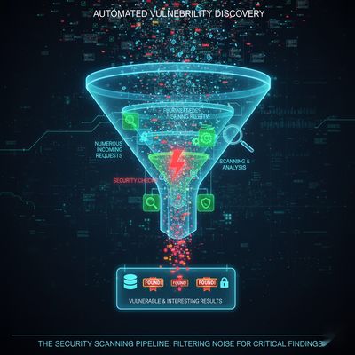 A graphic depicting a funnel where numerous incoming requests are filtered and refined into a smaller, more focused set of interesting or vulnerable results, representing automation in vulnerability discovery.