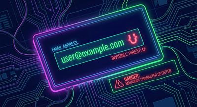 Conceptual art showing a non-breaking space (00A0) as an invisible but dangerous character within an email field.