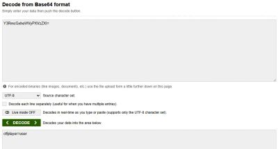 Screenshot showing the result of decoding the Base64 string, revealing a JSON object with user role information.