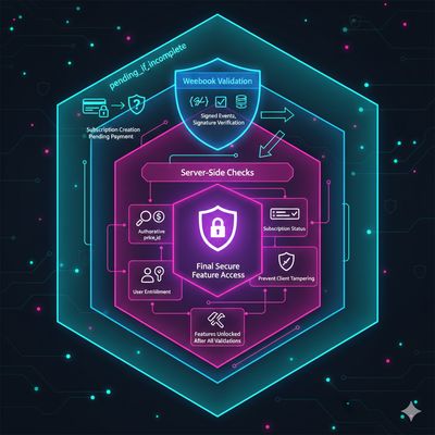 Defense-in-depth diagram showing proper Stripe implementation, including pending_if_incomplete, webhook validation, and server-side checks in a modern blue security theme.