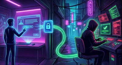 A cyberpunk illustration depicting the final stage of an attack. A stylized "victim" user icon clicks a tainted link on a holographic interface. A glowing data token with a padlock icon is siphoned off via a hidden conduit to a shadowy, hooded "attacker" figure operating a complex, multi-screen terminal in a dark, neon-lit alley.