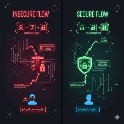 Diagram illustrating how manipulating price_id affects feature access, showing an insecure versus a secure flow in a subscription system with a cybersecurity design.