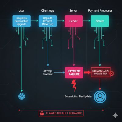 Step-by-step sequence diagram showing a payment failure where the subscription still updates, highlighting insecure default logic in a blue minimalistic theme.