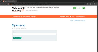 Application mockup showing successful login as administrator with a green banner "Logged in as administrator" and a subtle "Lab solved" note, confirming authentication bypass.