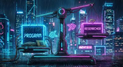 A digital illustration of a weighing scale tipped heavily to one side labeled 'PROGRAM', while the other lighter side is labeled 'RESEARCHER', representing a power imbalance in the triage process.