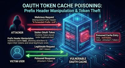 OAuth token cache poisoning graphic showing prefix header manipulation leading to token theft, high-detail blue cyber theme.