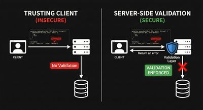 A split-screen architectural comparison diagram contrasting an insecure GraphQL API that trusts client input on the left with a secure implementation enforcing server-side role validation on the right.