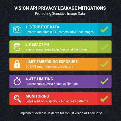 A checklist infographic detailing key mitigations for vision API privacy leakage: strip EXIF data, redact PII, limit embedding exposure, implement rate-limiting, and use monitoring, 1200x400.