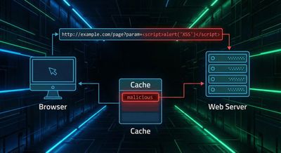 Visualization of reflected XSS becoming stored via cache poisoning.
