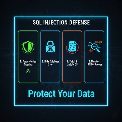 Infographic summarizing defensive measures against SQLi fingerprinting: Parameterize, Hide Errors, Patch DB, Monitor UNION probes.