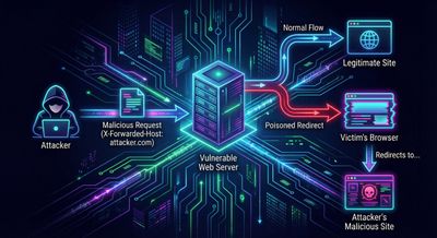 Diagram showing how X-Forwarded-Host poisoning redirects traffic.