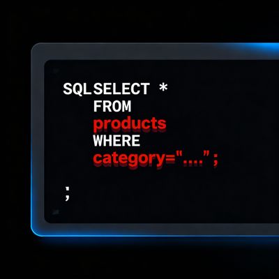 A screenshot-style code snippet showing a vulnerable SQL query 'SELECT * FROM products WHERE category='…'' with an injected malicious payload appended in red, demonstrating how the code is exploited.