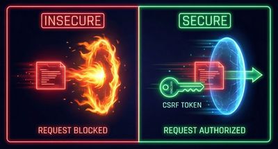 A split-screen comparison diagram in a cyberpunk style. The left side, labeled "INSECURE," shows a raw, red data packet being incinerated by a security firewall. The right side, labeled "SECURE," shows a similar packet accompanied by a glowing green cryptographic "CSRF Token" key, allowing it to pass smoothly through a blue energy shield.