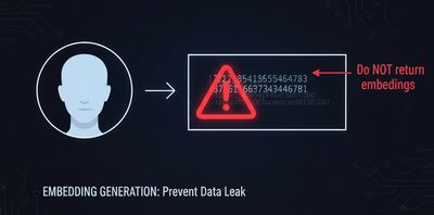 A graphic illustrating a face image being converted into a numeric vector (embedding) with a prominent warning icon, and a label explicitly stating 'Do NOT return embeddings', 800x400.