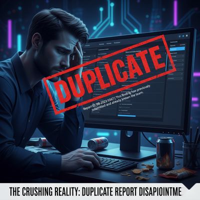 A visual representation of a bug bounty report being reviewed, with a prominent 'Duplicate' stamp across it, conveying the emotional aspect of such a discovery.